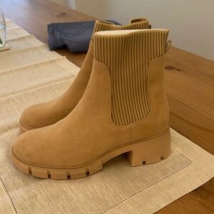 Beige Booties Ankle Boot Elastic Chunky Block Heel Chelsea Booties Combat